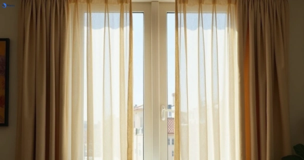 Dull dusty drapes in castaways-beach before professional cleaning